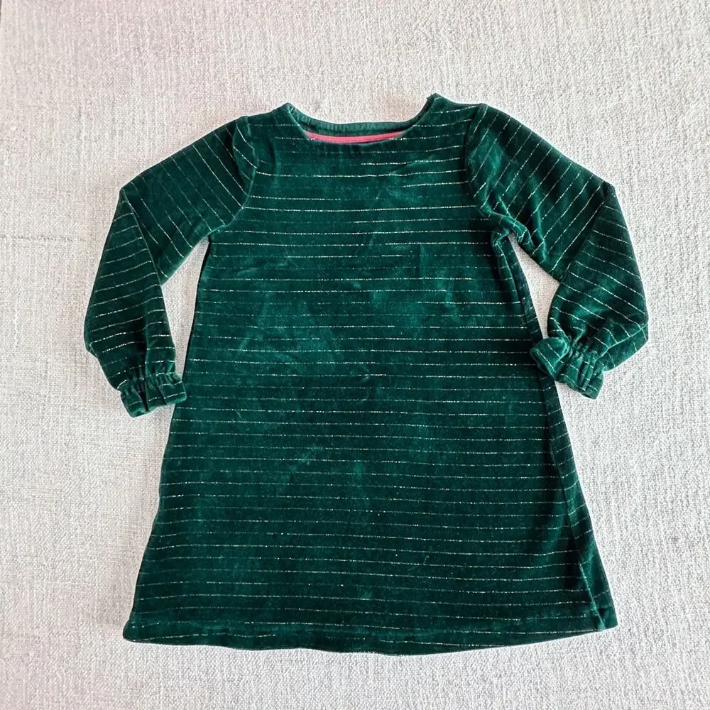 Mini Boden Emerald Green & Gold Stripe Velour Dress VGUC 5/6